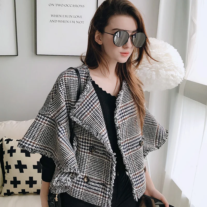 

Dabuwawa Elegant Office Lady Frayed Plaid Jacket Coat Women Fall Casual Female Jackets Coats Outerwear Loose DN1CSO005