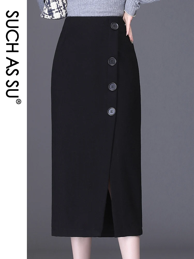 

Women Pencil Skirt Autumn Winter Wool Button Wrap Hip Skirt Mid-Calf Skirt High Waist Sexy Side Split Hip Plus Size Women Skirt