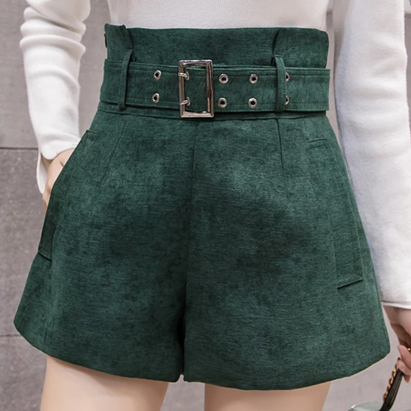 Outono e Inverno de Cintura Alta шорты Mulheres Elegantes calCas de Pernas Largas CalCas Curtas Bolsos Com