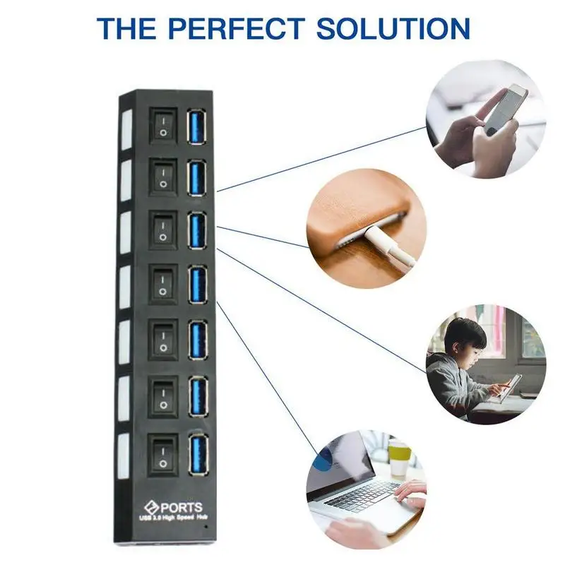 7 портов USB3.0 концентратор Встроенный светодиодный индикатор Высокоскоростной Кабель-адаптер Мульти USB Переключатель концентратор разветвитель для зарядки ноутбука ПК