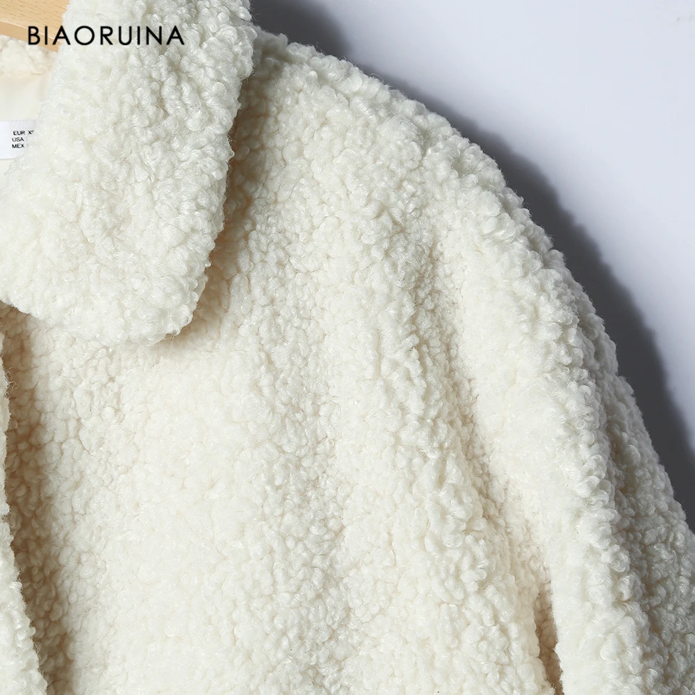 BIAORUINA Women's Winter Vinatge Style Single Breasted Loose White All-match Lamb Thick Warm Jacket Coat Turn-down Collar