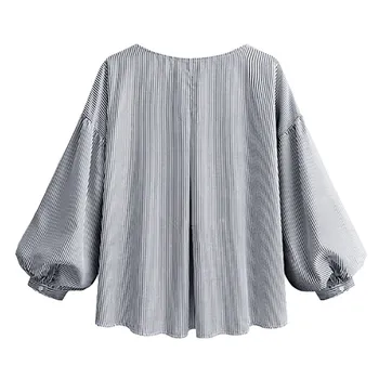 

2019 Plus Size Elegant O-Neck Lantern Sleeve Striped Shirt Women Fashion Bow Tops Office Blouse
