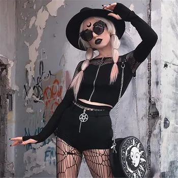 

NCLAGEN Pentagram Gothic Black Fishnet Hollow Out Women Zip Up T Shirt Long Sleeve bf Girl Punk Fitness Harajuku Crop Top Ropa