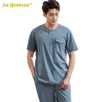 

Blue Short Sleeve Long Pants Pajamas Set Homesuit Homeclothes Sleepwear Casual Style Fashion Style Man Clothes 100% Cotton