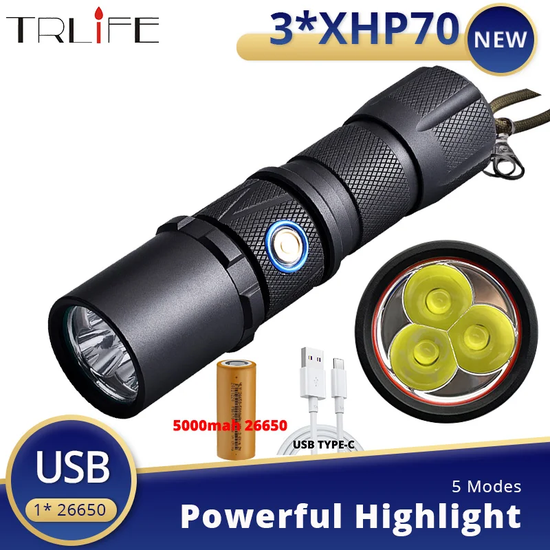 

Ultra Powerful 3* XHP70 Flashlight Type-c USB Rechargeable Lantern High Long-range Glare Aluminum Light Waterproof Hard Lights