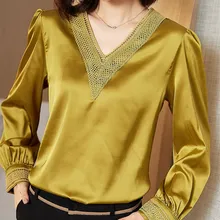 Aliexpress - Korean Silk Women Blouses Woman V-neck Silk Shirt Women Long Sleeve Blouse Woman Embroidered Satin Blouses White Tops Plus Size