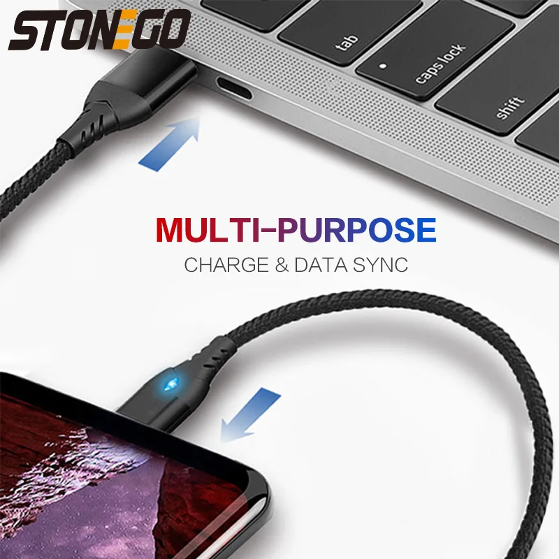 Магнитный usb-кабель STONEGO 3A, светодиодный индикатор в стиле бриллианта, быстрая зарядка и синхронизация данных, прочный нейлоновый шнур type-C/Micro USB