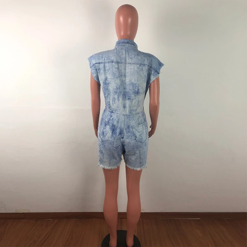 SleevelessTie Up сексуальный моющийся джинсовый комбинезон для женщин отложной воротник пуговицы облегающий короткий комбинезон лето обтягивающее боди