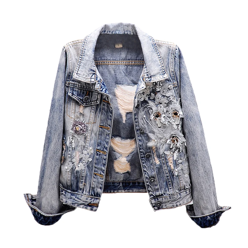 

2019 Women Jacket Coat Flower Patch Long Sleeve Fashion Women Top Ripped Denim Jacket Top Quality Women Coat