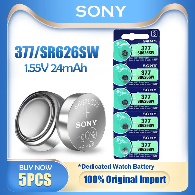 5pcs Original Sony 377 377a Sr626sw Sr626 Ag4 1.55v Silver Oxide
