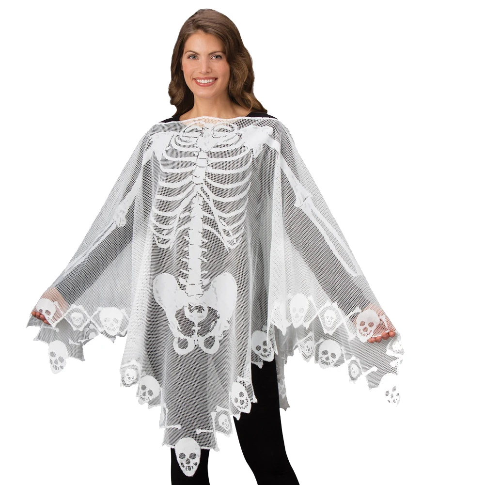 

Photography Prop Soft Holiday Stage Costume Party Halloween White Skeleton Poncho Women Shawl Exquisite Cape Lace Gift Loose