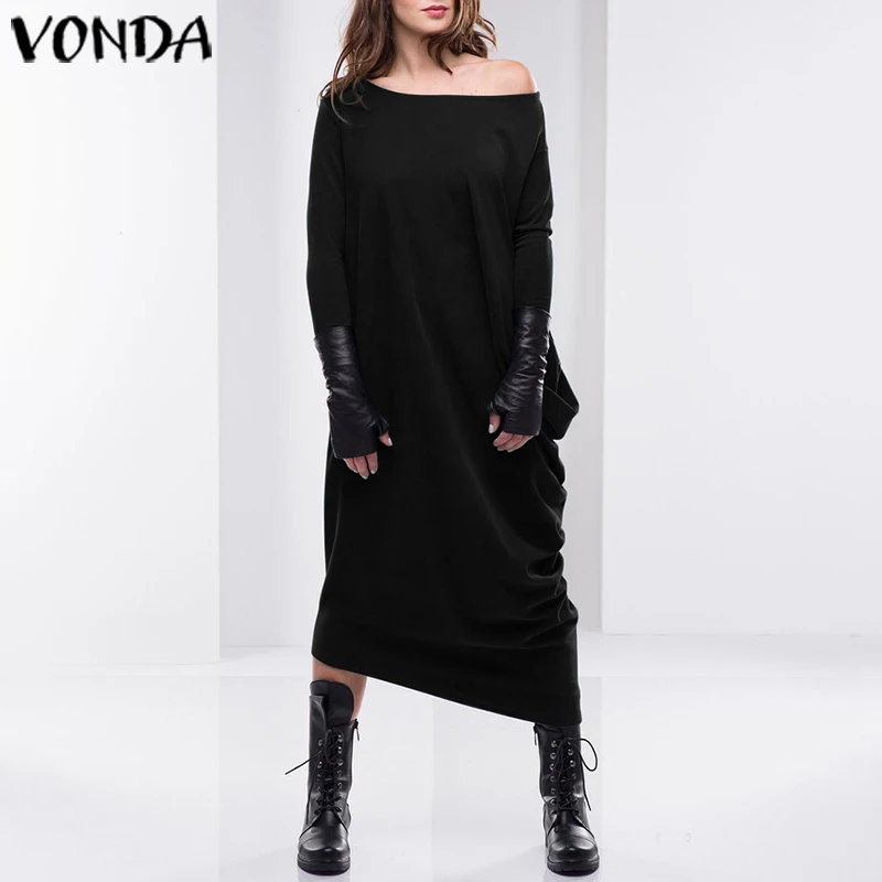 Асимметричное женское платье Сарафан VONDA осеннее повседневное свободное сексуальное платье с длинным рукавом до середины икры вечерние платья Vestidos S-5XL