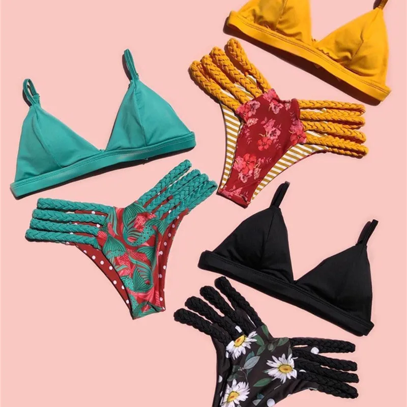 

Women Braided Rope High Waist Retro Print Split Bikini Set Swimsuit Swimwear Push Up Sexy Beach Biquini Plavky Maillot Tankini