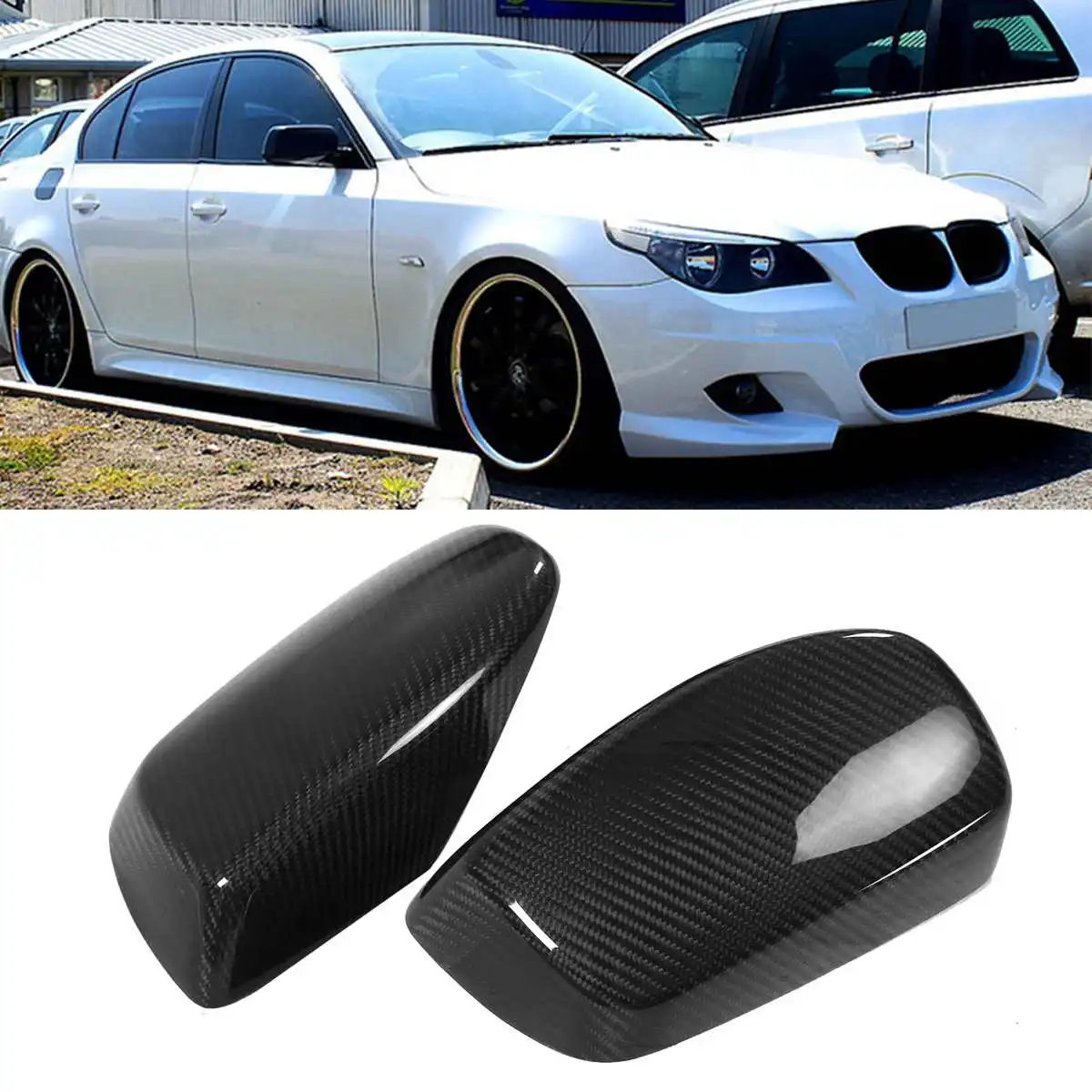

New Pair Real Carbon Fiber Car Rear View Door Wing Mirror Side Mirror Cover Caps Shell Case For BMW E60 E61 5 Series 2004-2008