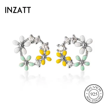 

INZATT Real 925 Sterling Silver Zircon Flower Stud Earrings For Fashion Women Party Fine Jewelry Minimalist Cute Accessories