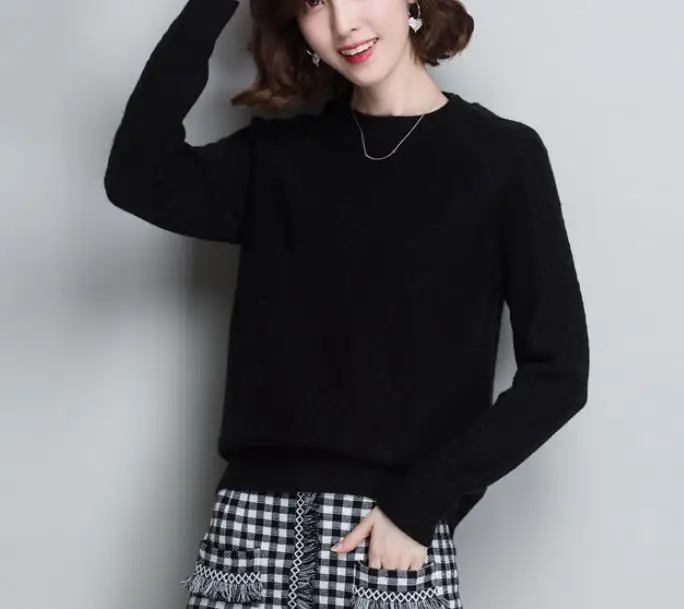 Soft Cozy Cashmere Cotton Blend Embossing Pullover Sweater Autumn Winter Women Clothes Basic Jumper Pull Femme Pink Sweater - Color: Black