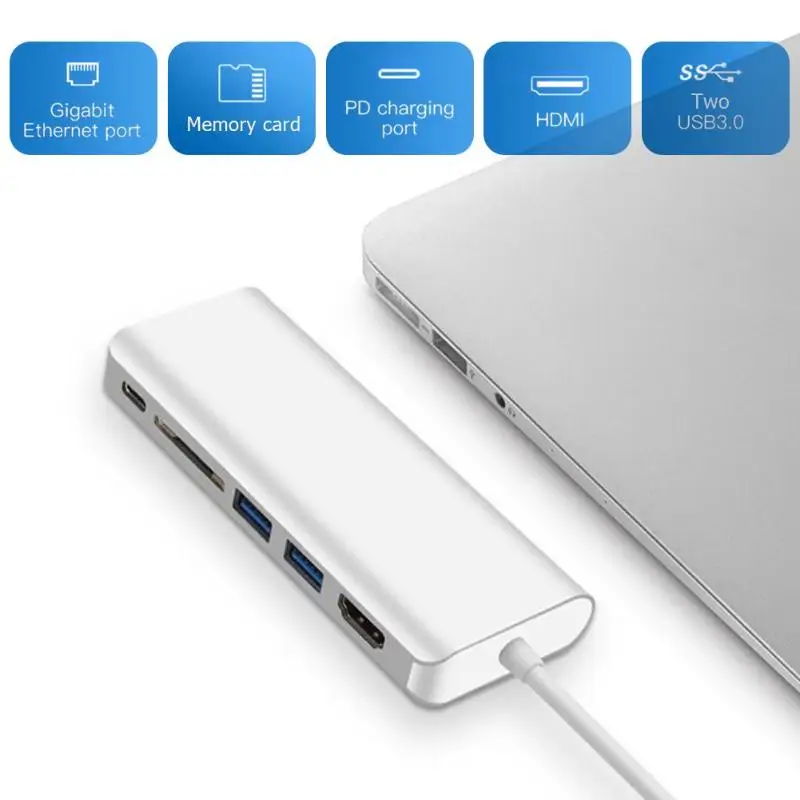 6 в 1 USB-C концентратор TYPE-C к USB3.0 4 к HDMI RJ45 PD карта памяти конвертер адаптер Широкая совместимость и удобство использования