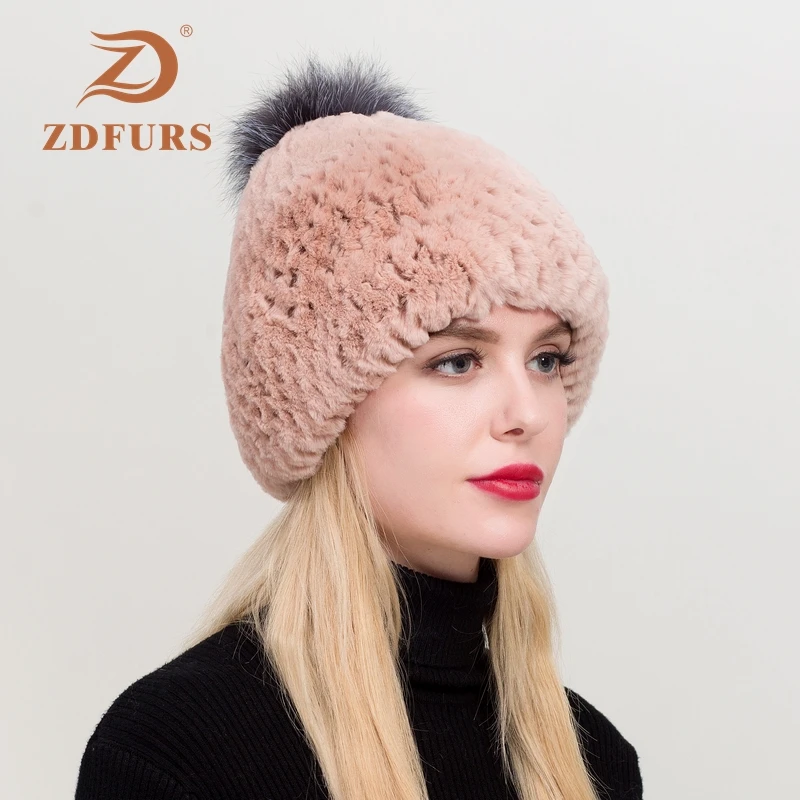 ZDFURS* Женский вязаный Настоящий мех кролика шапочки шапки Серебристые помпоны из лисьего меха кролика рекс шапка натуральный мех кролика рекс шапка