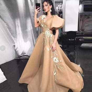 

Eightree Champagne Prom Dresses Saudi Arabia Short Sleeves Formal Evening Gown Applique V Neck A Line Party Dress Robe de Soiree