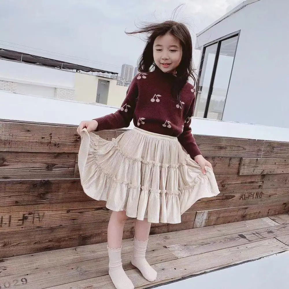 

High-customsized Baby Girls Clothing Set Coffe Knitted Cherry Sweater Coat+Skirt 2 Pieces Girls Clothing Boutique pretticoat