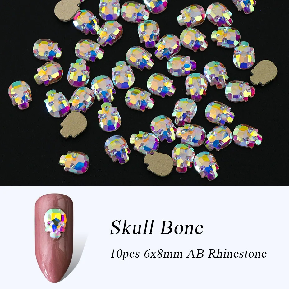 10pcs Skull 6x8mm Искрящегося цвета Кристалл aб для ногтей драгоценные камни стразы для украшения ногтей, Стекло колеса в виде геометрических фигур цветок ювелирные изделия с бриллиантами декоративный камень для ногтей украшения для маникюра BE694-1 - Цвет: 10pcs Skull 6x8mm