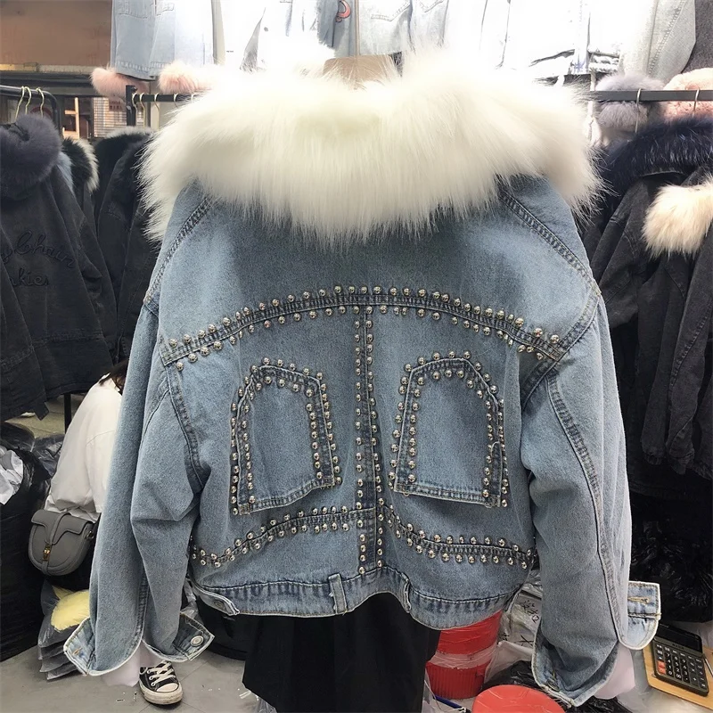 faux fur apricot Тяжелое джинсовое хлопковое Стеганое пальто с заклепками, женская зимняя Новинка, корейский съемный меховой воротник, плюшевые утолщенные джинсовые куртки - Цвет: faux fur apricot