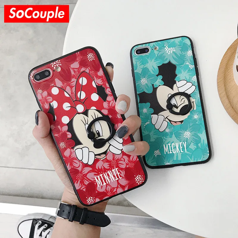 

SoCouple Cartoon Mickey Minnie Phone Case For iphone 6 6s 7 8 plus Cover For iphone 7 Case Cute Ring Grip Phone Holder Cases