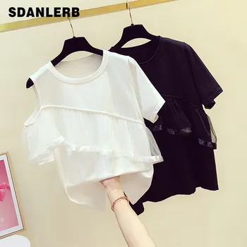 

Mesh Ruffles Off Shoulder Short Sleeve Round Collar T-shirt Women's 2020 Summer New Korean-Style Casual Temperament Top T Shirt