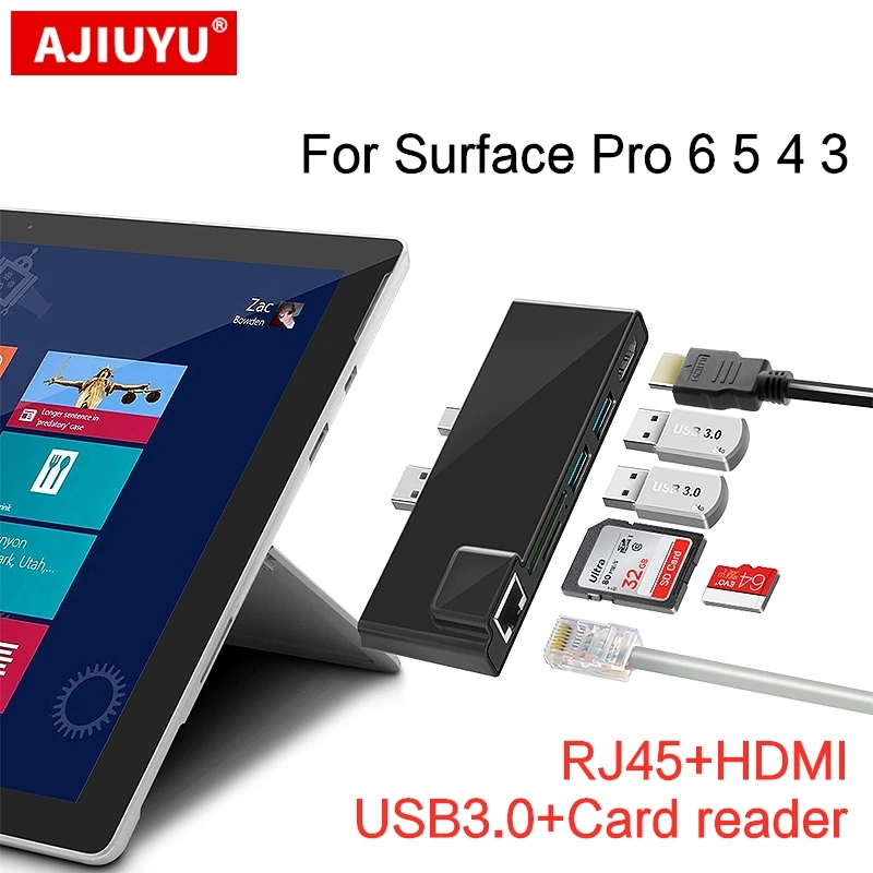 Ajiuyu-usb 3.0 Hub para Microsoft Surface Pro Leitor de Cartão sd tf Micro sd Docking para 4k Hdmi Adaptador Gigabit Ethernet