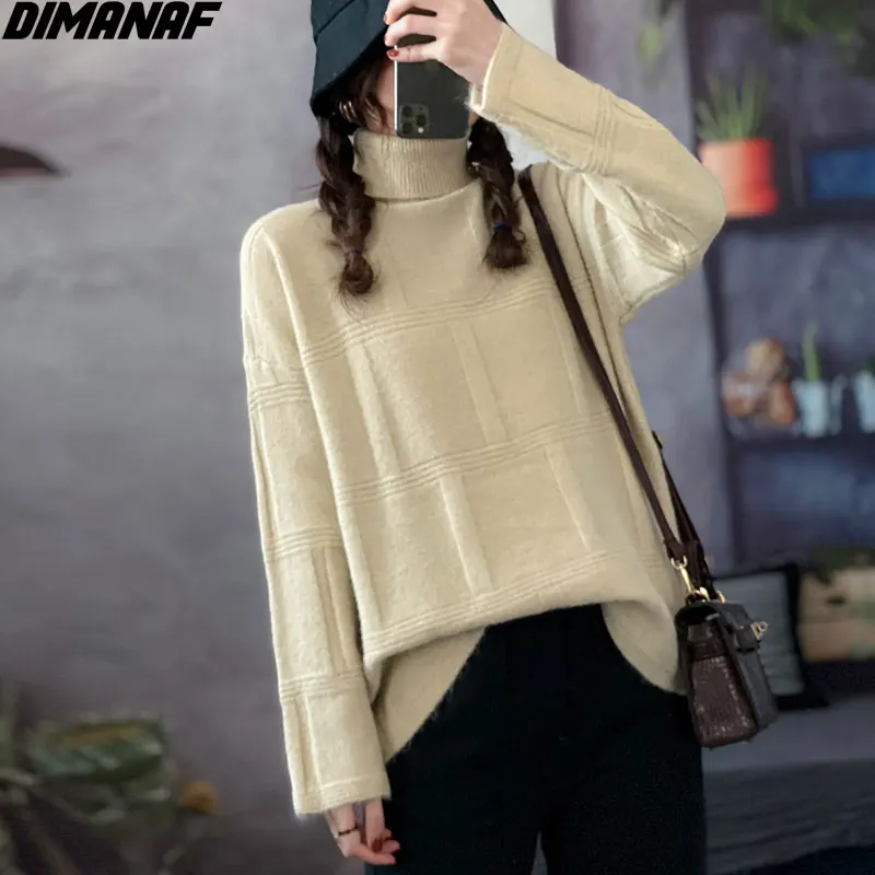 

DIMANAF 2021 Winter Plus Size Women Sweaters Knitting Wool Turtleneck Fashion Solid Plaid Casual Style Vintage New Loose Sweater
