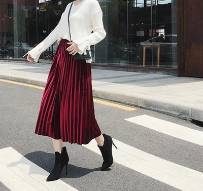 Бархатные юбки для женщин s Faldas Mujer Moda модная эластичная высокая Талия Макси плиссированная длинная миди Saias Jupe Женская Зимняя юбка - Цвет: wine red