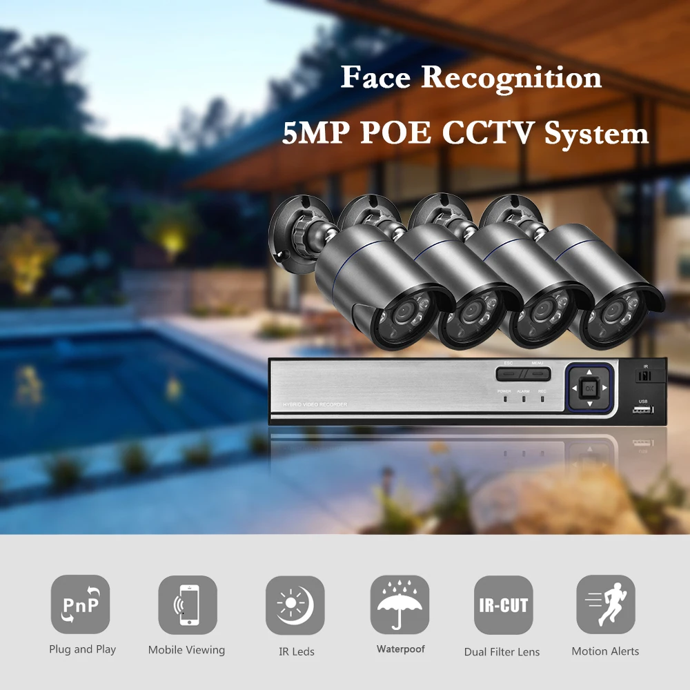 Gadinan 4CH 5MP POE Video Security System 5MP Outdoor Bullet Night Vision Audio IP Camera Face Playback Surveillance CCTV Kit cheap security cameras