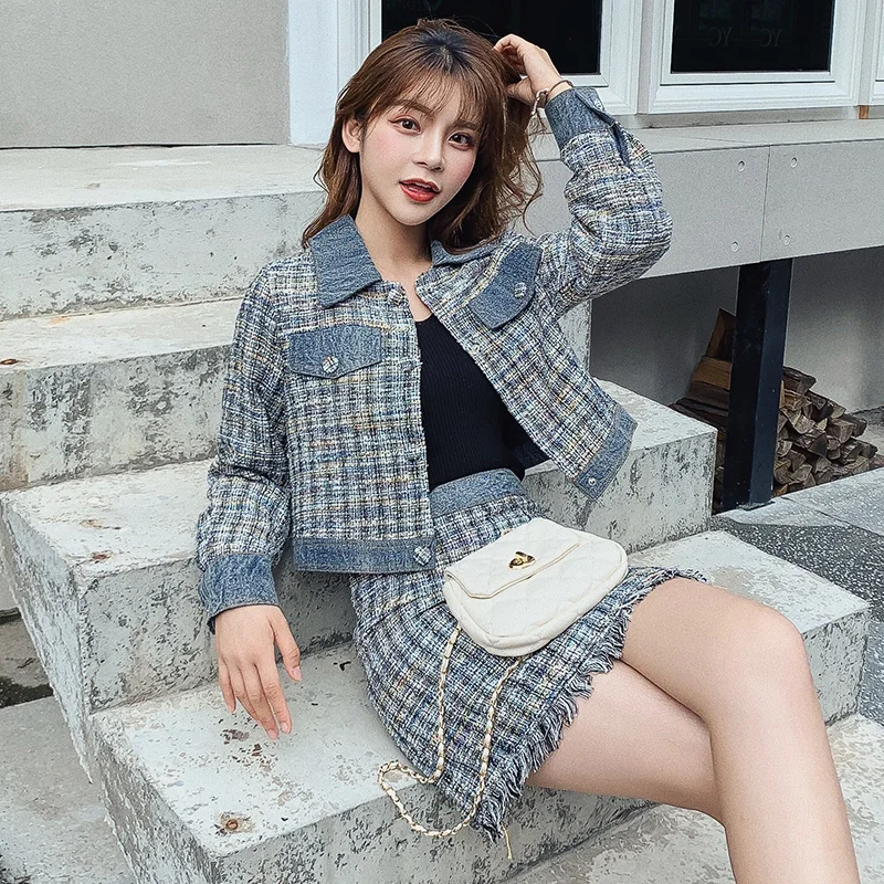 

Banulin Autumn Winter two pieces Set Women Single Breasted Tweed Short Jacket Coat Bodycon Mini Skirt Office Lady Set Suits