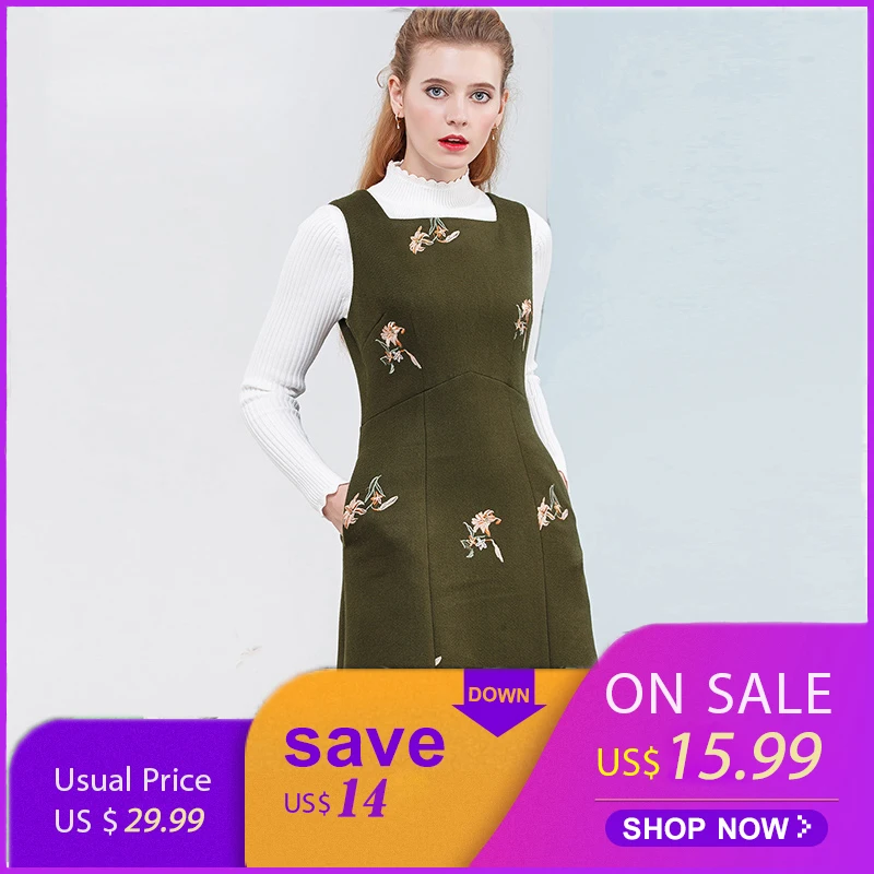

HELIAR Embroidered Floral Vintage Green Winter Wool dress Sleeveless Casual Ladies Tank Dresses All Match A-Line Vestidos