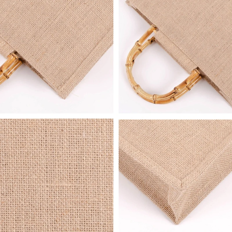 Portable Burlap Jute Shopping Bag Handbag Bamboo Loop Handles Tote