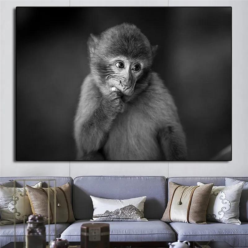 

Black and White Cute Monkeys Canvas Painting Animals Prints and Posters Cuadros Wall Picture for Living Room Home Decor Unframed