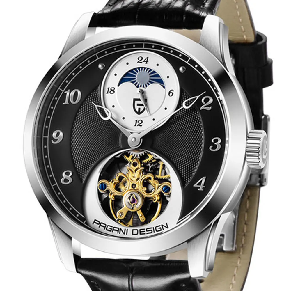 C 42 мм Pagani Дизайн черный золотой циферблат Tourbillon Мужские часы Phase Moon кожаный ремешок Роскошные автоматические механические мужские часы - Цвет: C
