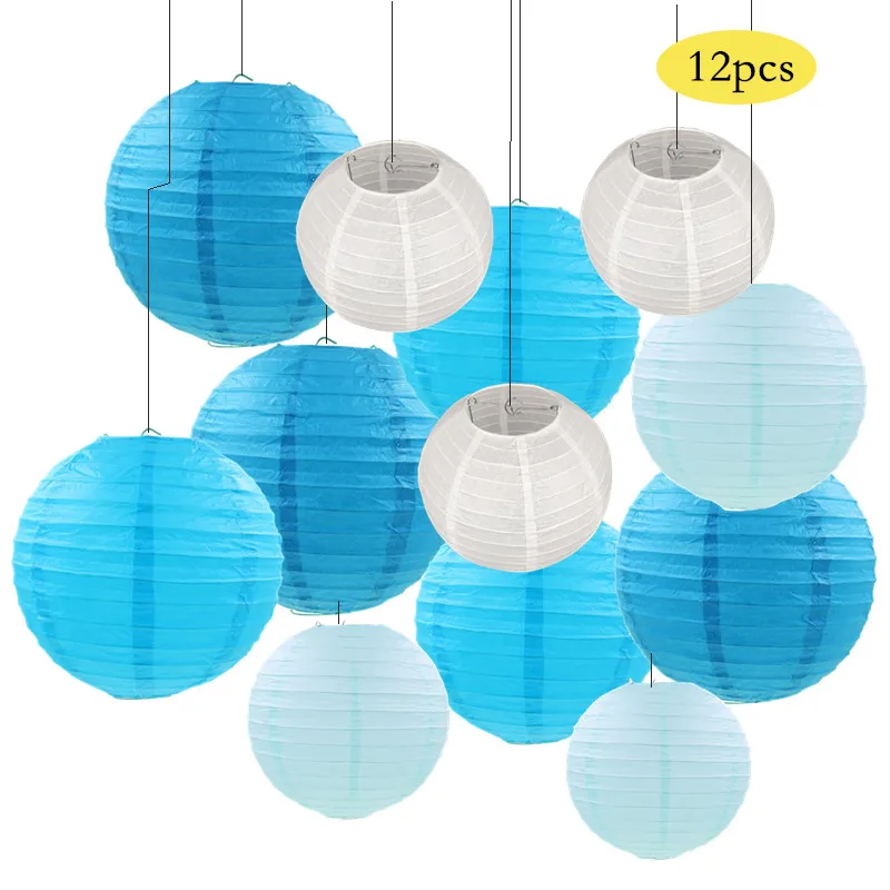 

12 Pcs/set 6"-12" White Blue and Light Blue Chinese Paper lamp Lanterns Assorted Sizes for Wedding Party Hanging Decor Favor