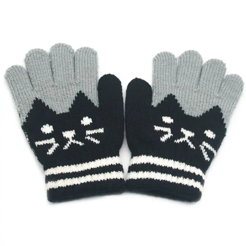 Новые детские зимние теплые варежки из искусственной шерсти, лыжные перчатки контрастного цвета в полоску с рисунком кота