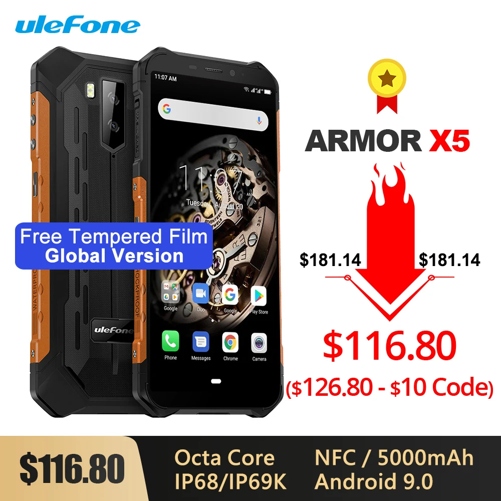  Ulefone Armor X5 IP68/IP69K Rugged Shockproof Smartphone 5000mAh Octa Core 5.5'' Android 9.0 OTG NF