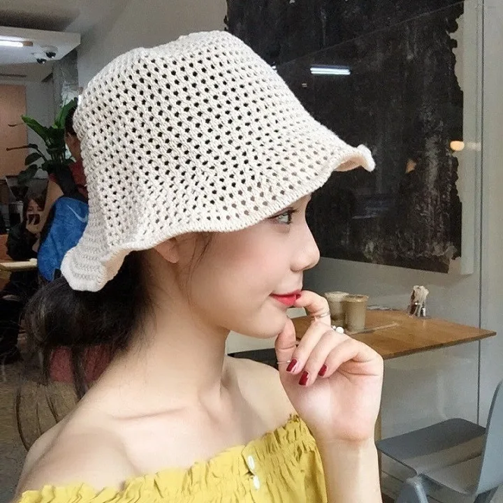 

Spring And Summer Casual Topee Women's Korean-style with Holes Handmade Straw Bucket Hat-Style Literature And Art Hipster Beach