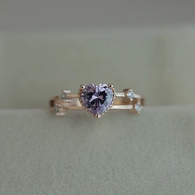 Double Layers Love Heart Ring Purple Zircon Cute Finger Band Slim Rose Gold Color Rhinestone Knuckle Women Girls Jewelry | Украшения и