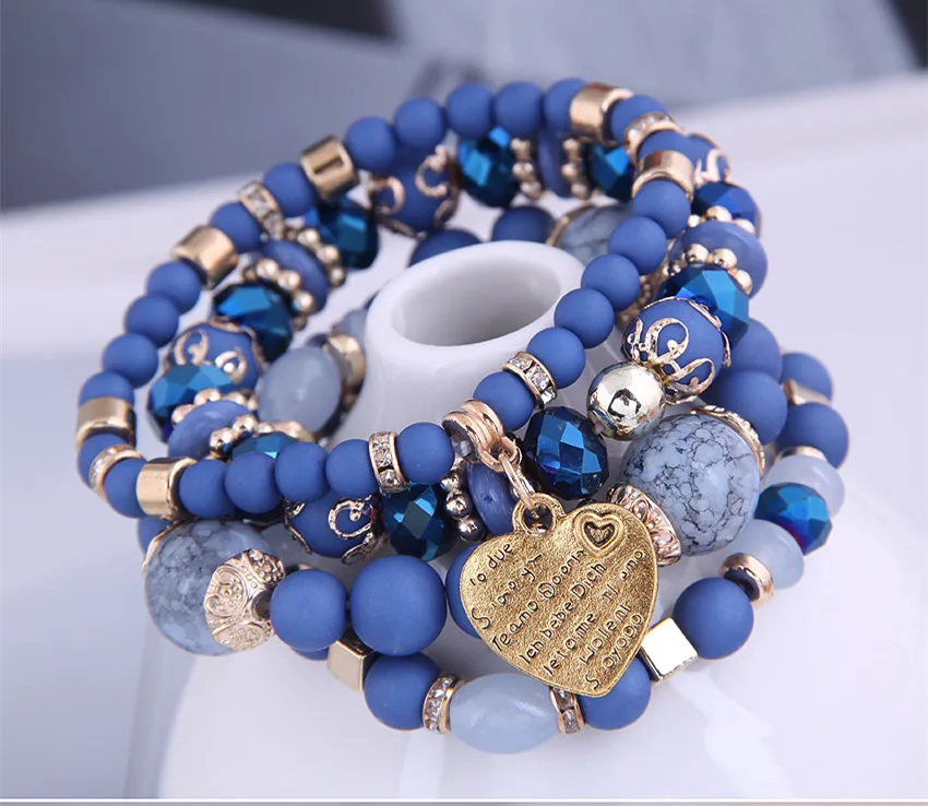 Kymyad 4pcs/set Bohemia Bracelets Resin Beads Bracelet Crystal Stone Bracelets For Women Heart Charming Bracelet Femme Jewelry