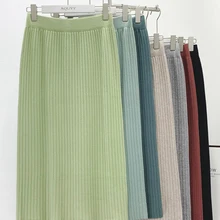 Осень-зима, женская вязаная шерстяная прямая Длинная юбка с высокой талией, эластичная однотонная Полосатая юбка миди