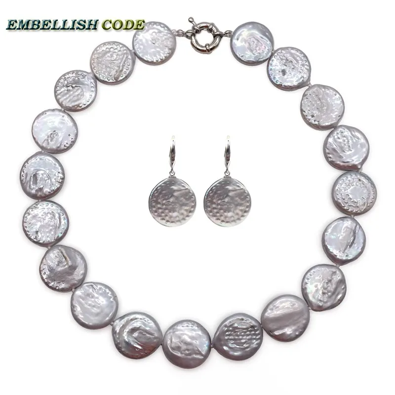 

Amazing large baroque pearl statement necklace hook dangle earring set gray 22mm flat round coin Button shape freshwater pearls