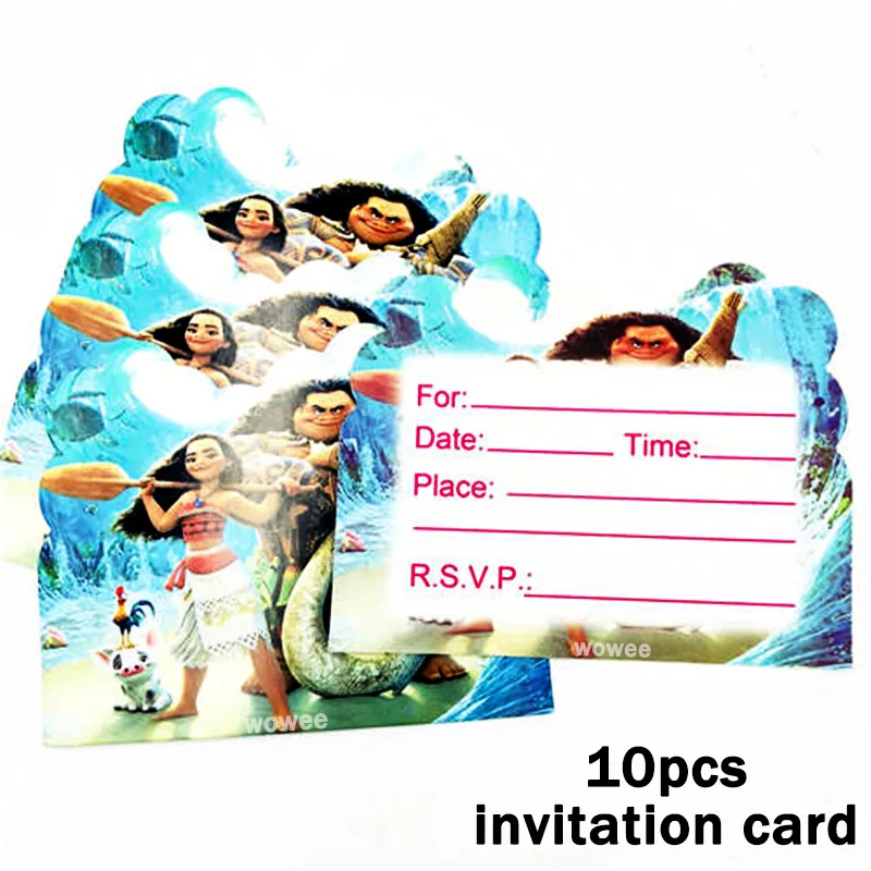 10pc Invitation Card 6 шт./компл. с героями мультфильма «Моана»; день рождения поставки разлив нефти свистки на день рождения для детей с героями мультфильма «Моана»; вечерние свадебные сувениры украшения Шум создатель игрушек - Цвет: 10pc Invitation Card