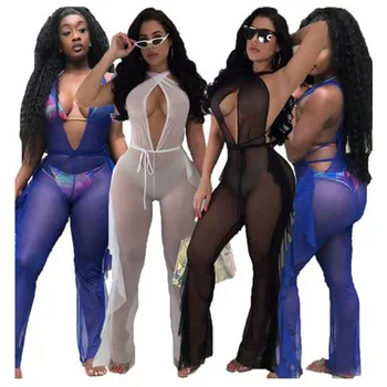 

Women's Summer Mesh Sheer Jumpsuit New Solid Color Sexy Hollow Out Sleeveless Ruffles Trousers Beach Long Rompers Playsuit Femme