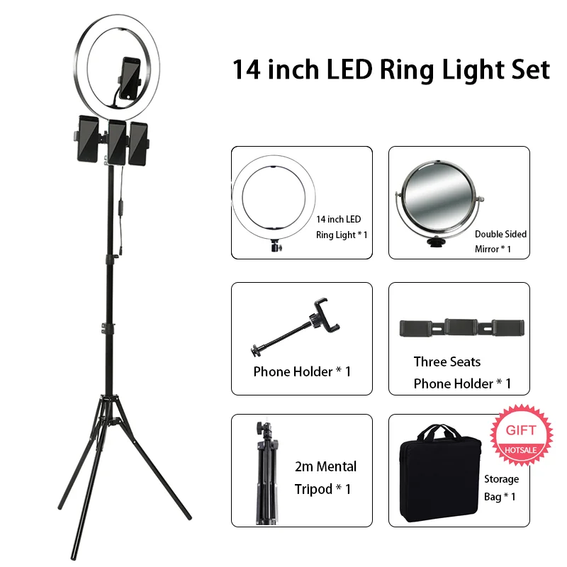 

14 inch Vedio Light Professional Ring Light LED Photographic Lamp with 2m Mental Reinforce Tripod for Makeup Youtube Live