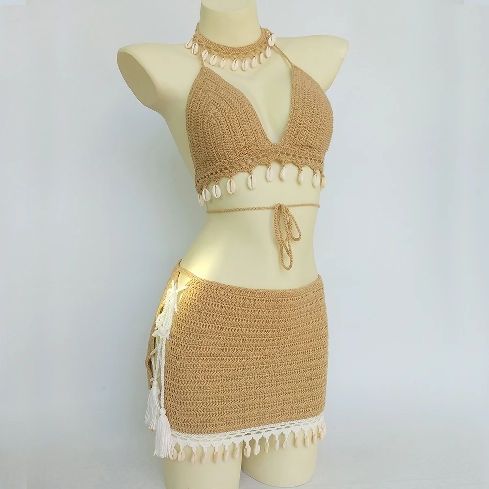 cute swimsuits 3pcs Bikini Set Woman Crochet Shell Tassel Bikini Top And Seashell Ankle Chain Sexy Beach Skirt Lace See Through Slim Mini Skirt strapless bikini set