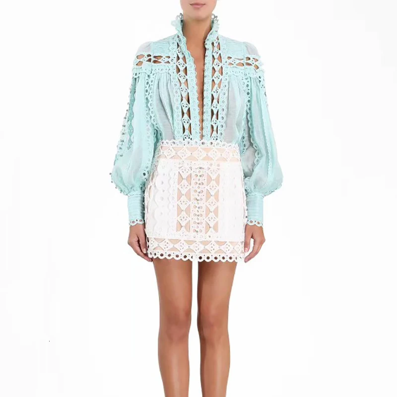 CHICEVER Sexy Beading Patchwork Women Blouse Stand Collar Lantern Sleeve Hollow Out Shirt Female Fashion Autumn New Clothes